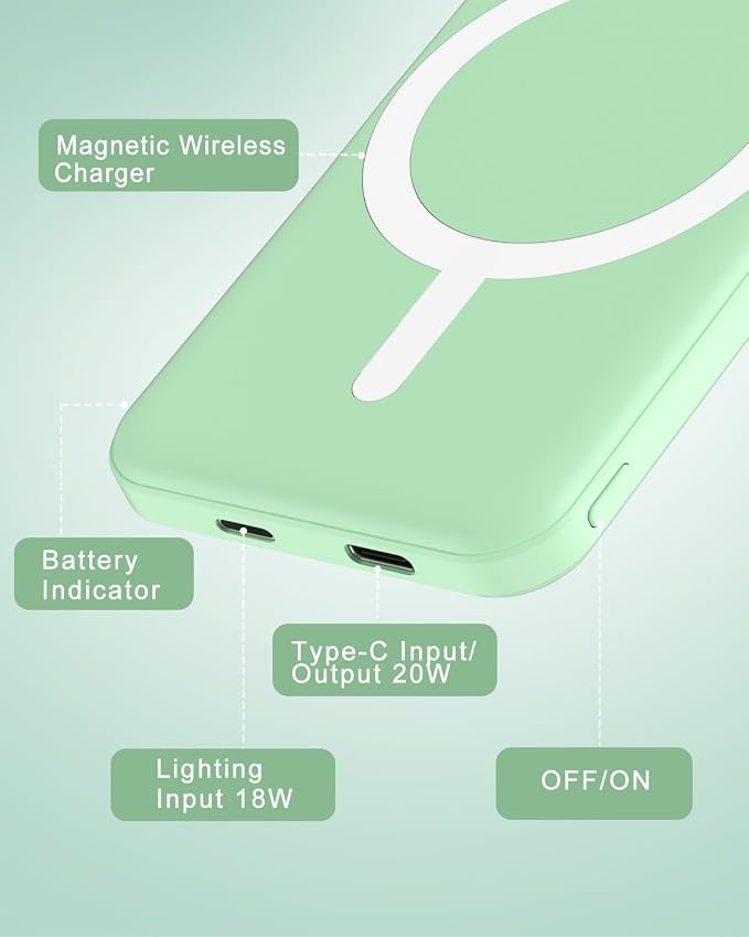 podoru for Magsafe Battery Pack, 5000mAh Magnetic Power Bank with Type-C Cable 20W PD Fast Charging Lighting Input Wireless Portable Charger for iPhone 17/16/15/14/13/12/ All Series-Green - Image 6