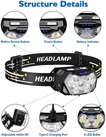 2000LM Ultra Bright 9 LED Headlamp, 2 Pack USB C Rechargeable Headlights, 10 Modes, Motion Sensor, Waterproof Head Lamp Flashlight with Red Light, Adjustable Headband for Adults Camping - Image 2