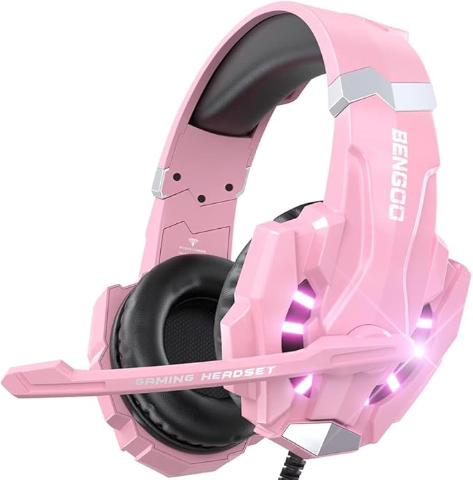 BENGOO G9000 Professional Gaming Headset for PS4, PC, Xbox One Controller, Noise Cancelling Over Ear Headphones with Mic, LED Light, Bass Surround, Soft Memory Earmuffs for Laptop - Pink by BENGOO