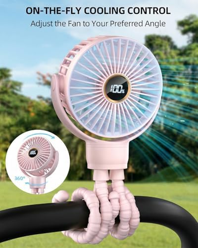 Portable Stroller Mini Fan, Small Rechargeable Personal Cooler w/ 360° Rotation, 3-Speed, Display, Battery Powered Stroller Accessories, Baby Essentials for Car Seat, Crib, Bike, Treadmill, Sakura - Image 2