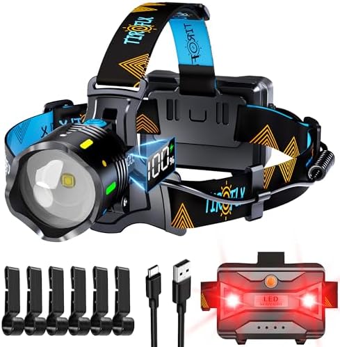 TIROFLX 12 Modes 210000 Lux Headlamp Motion Sensor Red Warning Adjustable Focus Energy Saving, More Than 30Dys Standby Head Lamp, IP65 Waterproof and 125° Angle for Camping Outdoor Hardhat by TIROFLXBrand