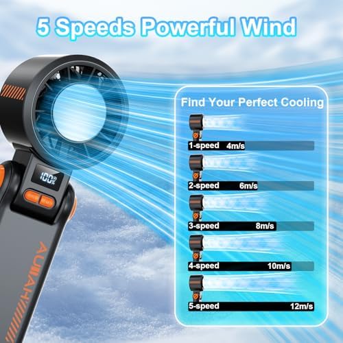 Portable Handheld Turbo Fan - 5 Speed Mini Personal Fan with Strong Airflow, Foldable 3 in 1 Rechargeable Battery Operated Trave Essentials Hand Fans for Indoor/Outdoor Use (Dark Black) - Image 6