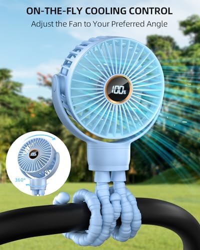 buywoo Portable Stroller Mini Fan, Small Rechargeable Personal Fan, Travel Essentials for Baby, Wagon, Car Seat, Treadmill, Battery Powered Biking Gear Accessories, 360° Rotation, 3-Speed, Display - Image 2