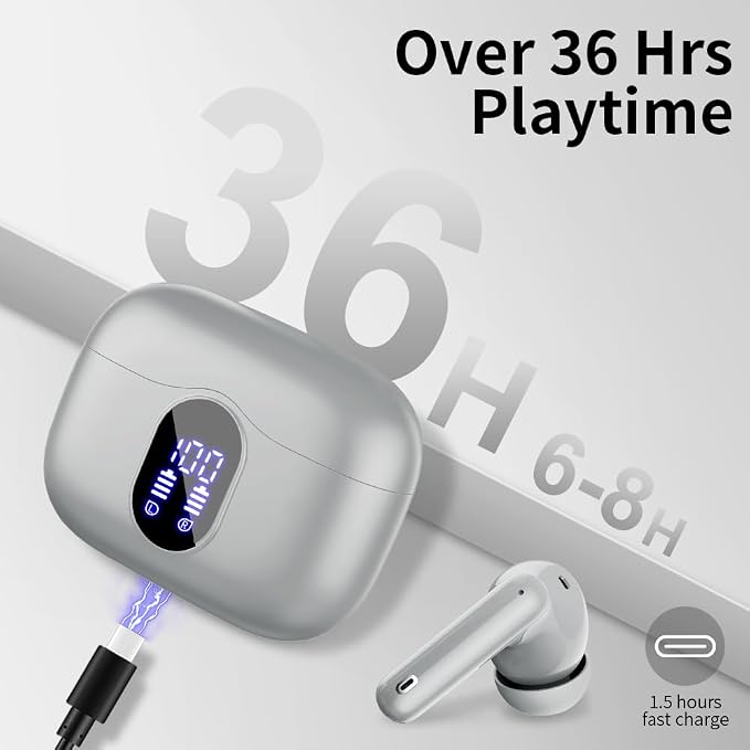 Wireless Earbuds, Bluetooth 5.4 Headphones Bass Stereo, Graphite Gray | Ear Buds with Noise Cancelling Mic LED Display, 36H, IP7 Waterproof in Ear Earphones for Laptop Pad Phones Sports Workout - Image 7