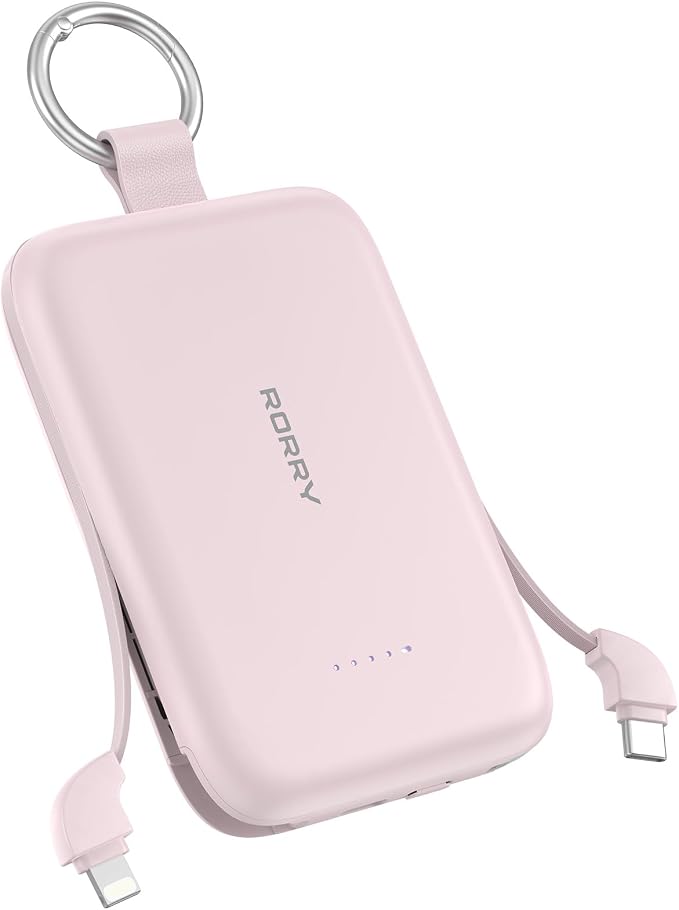 RORRY Portable Charger, 10000mAh PD 30W Fast Charging Portable Charger Power Bank with Built-in Cables, Travel Keychain Charger Battery Pack for iPhone 17/16/15/14/13/12, for AirPods 2/3/4/Pro, Pink by RORRY