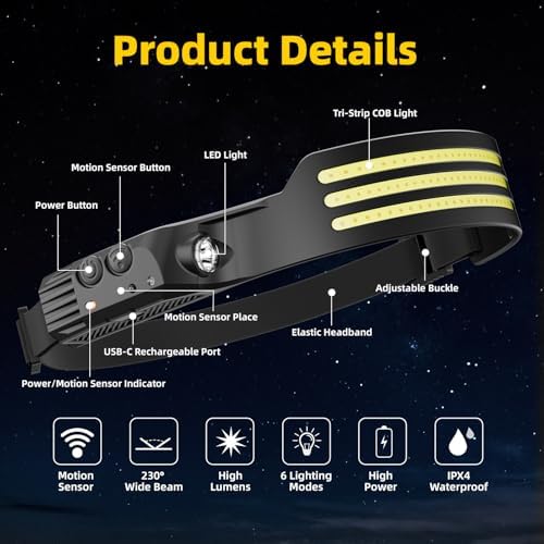 Headlamp Rechargeable 3PCS, Motion Sensor 230° COB Head Lamp, Headlights for Forehead, Hard hat Light for Adults, LED Headband Flashlight for Work, Hiking, Running, Camping Essentials Gear - Image 6