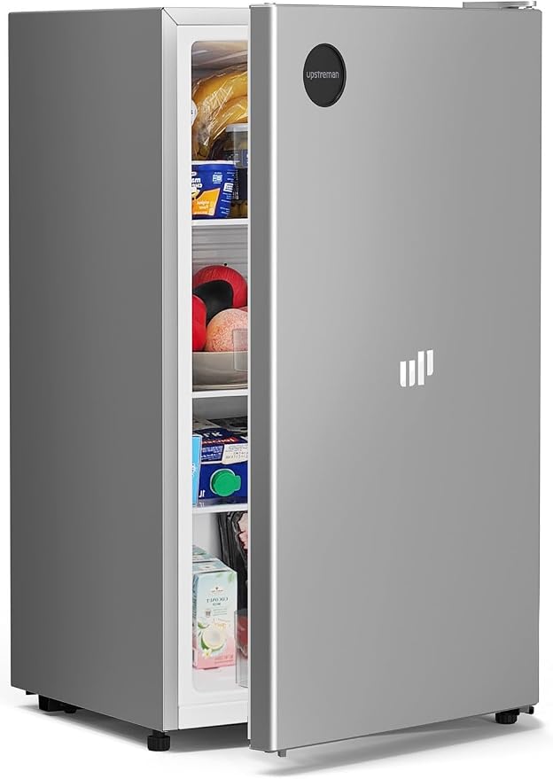 Upstreman 3.2 Cu.Ft All-Refrigerator Mini Fridge, Silver-CR32 | Premium Silver Finish, 7-Level Thermostat, ENERGY STAR Certified, Reversible Door, Small Fridge for Office, Bedroom or Dorm by StartUpLiveBetter