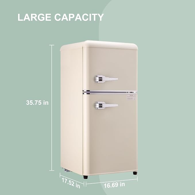 Mini Fridge with Freezer, 3.2 Cu.Ft Retro Double Door Refrigerator with 7 Level Thermostat, Adjustable Removable Glass Shelves for Bedroom Office Apartment Dorm Bar (CREAM, 3.2 Cu.Ft.) - Image 7