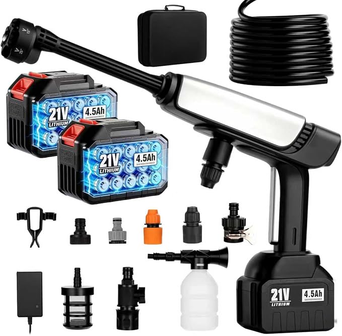 Cordless Pressure Washer Battery Powered,Portable Power Washer with 2pcs 4.5Ah 21V Battery&Charger & 6-in-1 Nozzle,2 Power Level & on/Off Button,Handheld Pressure Washer for Car,Home,Garden Patio by LEOTER