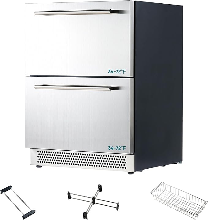 Albott 24 Inch Under Counter Drawer Fridge, Low Noise Beverage Refrigerator | Includes Stainless Steel Dual Drawers, LED Touch Control, Adjustable Storage, Frost-Free, 34-72℉ for Indoor or Outdoor Use by Albott