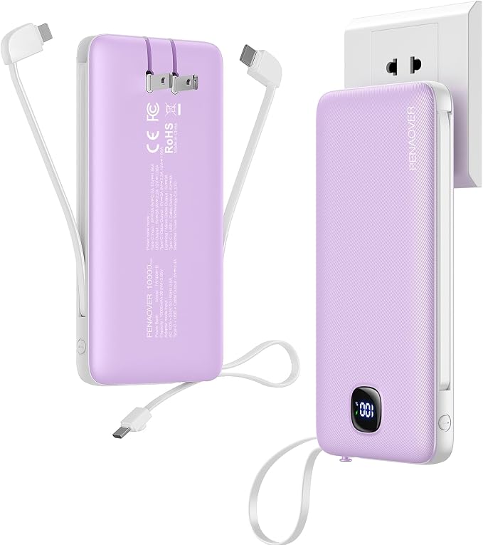 penaover Portable Charger with Built-in Cables&AC Wall Plug,Slim 10000mAh 22.5W Fast Charging Power Bank,5 Output 2 Input USB-C External Battery Pack Compatible with iPhones,Samsung,Android, etc by penaover