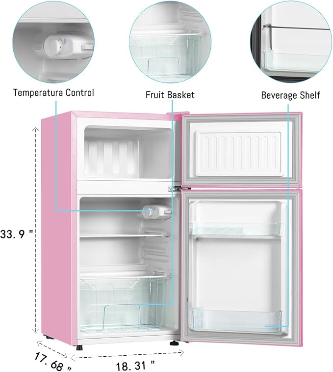 Mini Fridge With Freezer,3.2 Cu.Ft Compact Refrigerator,Mini Refrigerator With 2 Doors For Bedroom,Office,Kitchen,Apartment,Dorm(pink) - Image 3