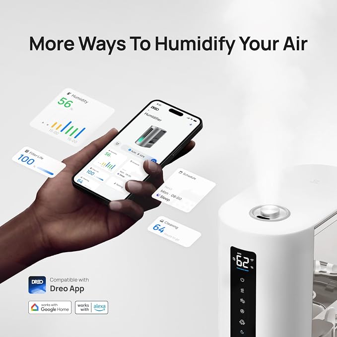 DREO 6L Humidifiers for Bedroom, Smart Warm & Cool Mist for Large Room, 60Hr Quiet Runtime for Baby, Plant, Humidity Sensor, Indicator Light, 12H Timer, Google/Alexa, Grey - Image 3