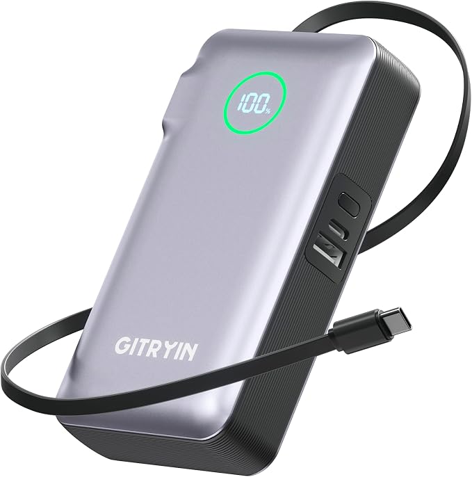 Portable Charger with Built in 25.6in Retractable Cable and Wall Plug, 10000mAh USB C Travel Power Bank, 35W Fast Charging Battery Pack Compatible with iPhone 16 15 14 13 Samsung Android Phone etc by GITRYIN