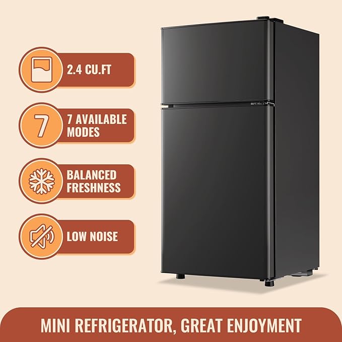 Mini Fridge with Double Doors 2.4 ft³ Small Refrigerator with Separate Freezer & 7 Adjustable Temperature Control, Tiny Size & Personal Fridge Ideal for Office Apartment Dorm Dark Grey - Image 4