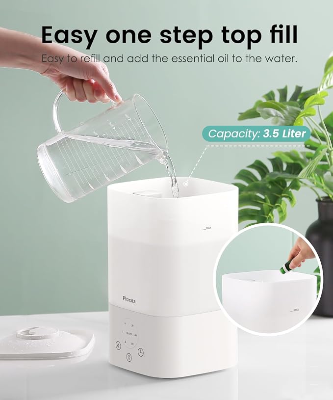 Humidifiers for Bedroom Home, 3.5L Top Fill Air Cool Mist Humidifiers for Baby Large Room Indoor Plants Nursery, Night Light, White - Image 2