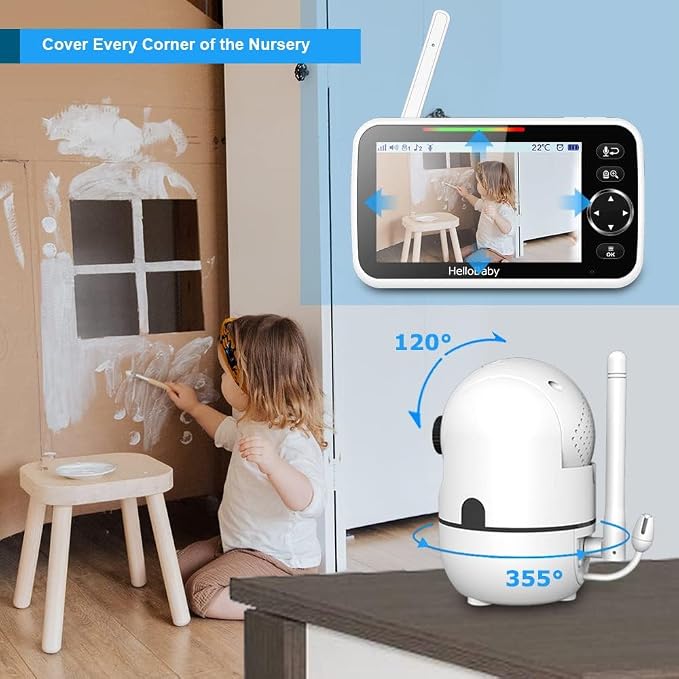 HelloBaby HB6550 5" Baby Monitor 3 Cameras, 26-Hour Battery, Pan-Tilt-Zoom - Image 5