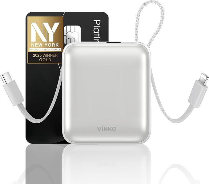 VINKO Small Portable Charger, 22.5W Fast Charging Mini Power Bank 10000mAh with Built-in Cables, Travel Essential USB-C Battery Pack Compatible with iPhone 17/16/15, Samsung S25/24, Android (White) by VINKOPocketPowerBank