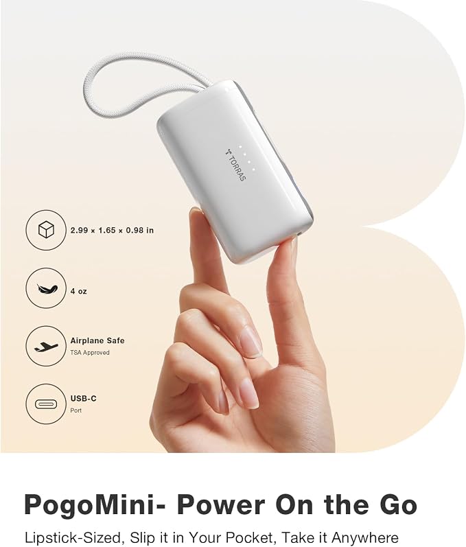 TORRAS iPhone 16 Portable Charger, 5000mAh 22.5W Power Bank with Built-in USB-C Cable, Fast Charge Battery Pack for iPhone 17/16/15, Galaxy S25, Google for Travel Outdoor Hiking Backup Battery, White - Image 6
