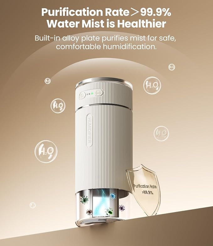WSKEN Portable Small Humidifier for Bedroom - [Dual Nozzle Large Cool Mist] [Ambiance Lighting] [Car Smart On/Off] Ultrasonic Mini Personal Desk Air Humidifiers for Travel Office Baby Room,White - Image 3