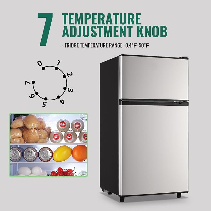 Double Door Small Refrigerator with Freezer-on-top, 3.5 Cubic Feet Mini Fridge with 7-Level Adjustable Thermostat for Office, Dorm, Bedroom, Home and Apartment, Silver - Image 4
