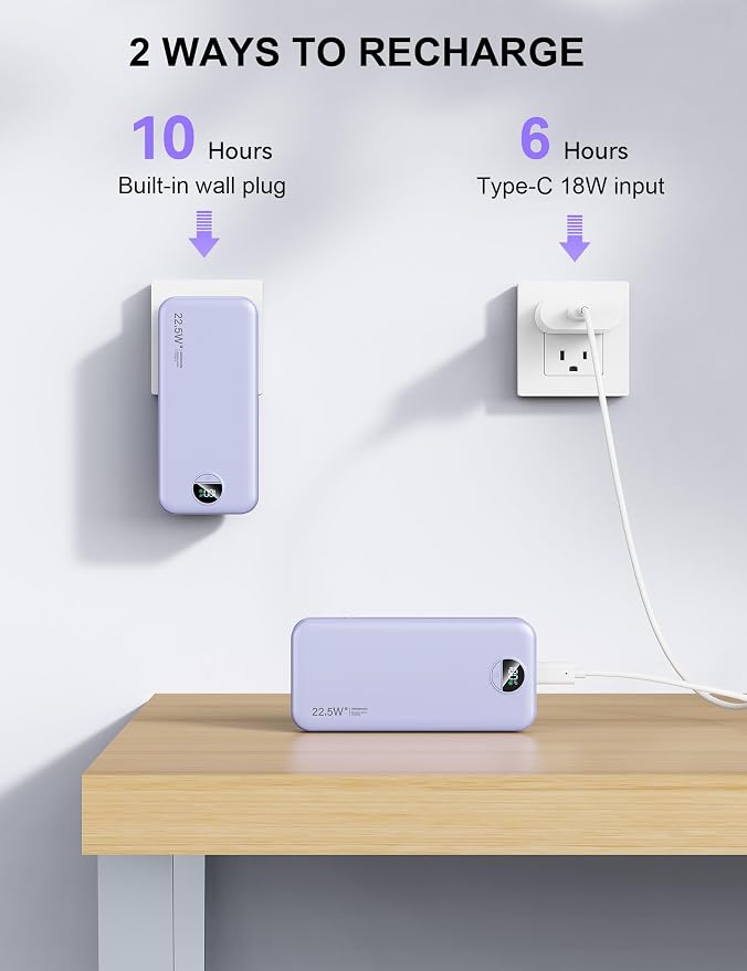 Portable Charger, 20000mAh 22.5W Fast Charging Power Bank with Built-in Cables & Wall Plug, USB C External Battery Pack with LED Display, Travel Essentials Phone Charger for iPhone iPad Samsung Purple - Image 7