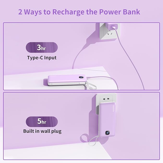 penaover Portable Charger with Built-in Cables&AC Wall Plug,Slim 10000mAh 22.5W Fast Charging Power Bank,5 Output 2 Input USB-C External Battery Pack Compatible with iPhones,Samsung,Android, etc - Image 5