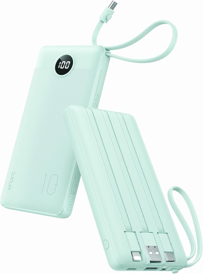 VRURC Portable Charger for iPhone, Compact Travel Power Bank 10000mAh, USB C Battery Pack 4 Outputs 3 Inputs, Slim Phone Charger with Cables for iPhone 17 16 15 14 13,Samsung Galaxy-Green(1 Pack) by Home