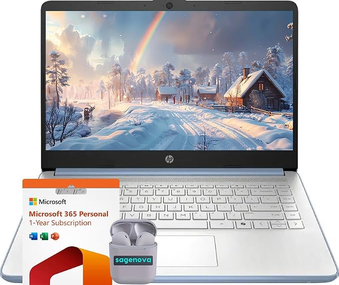 HP 14" Business Laptop Computer with Microsoft Office 365, 4-Core Intel Processor, 128GB Storage, 4GB RAM, Windows 11, SageNova Earphones, Sky Blue by HP