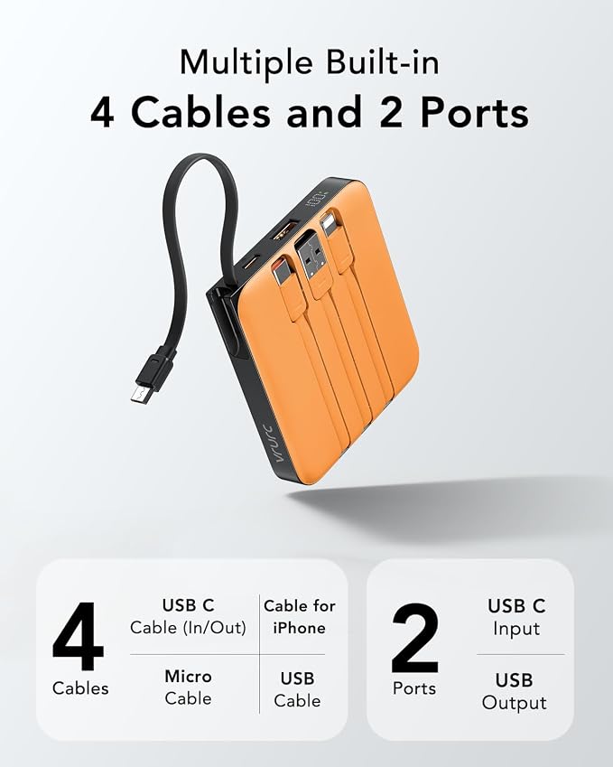 VRURC Portable Charger USB C for iPhone, Cargador Portátil para iPhone 10000mAh, Power Bank with Built-in Cables, 22.5W Fast Charging, LED Display, Slim for iPhone 17 Pro Max & Series (Orange) - Image 4