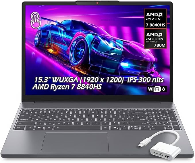Lenovo IdeaPad Slim 3 Laptop 15.3" WUXGA (1920 x 1200) Touchscreen, Ryzen 7 8840HS, 8-core, AMD Radeon 780M, 16GB DDR4, 1TB SSD, Wi-Fi6, Bluetooth 5.3, Win 11, Luna Grey, w/USB Hub, W/GaLiMu by LENOVO