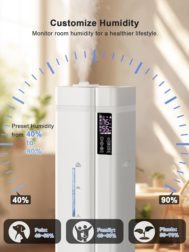 13L/3.4Gal Humidifiers for Bedroom, Ultrasonic Warm & Cool Mist Humidifier Large Room, Covers 800ft², 72H Runtime, 24H Timer, 3 Mist Modes Top Fill Quiet Humidifiers for Home, Office, White - Image 8