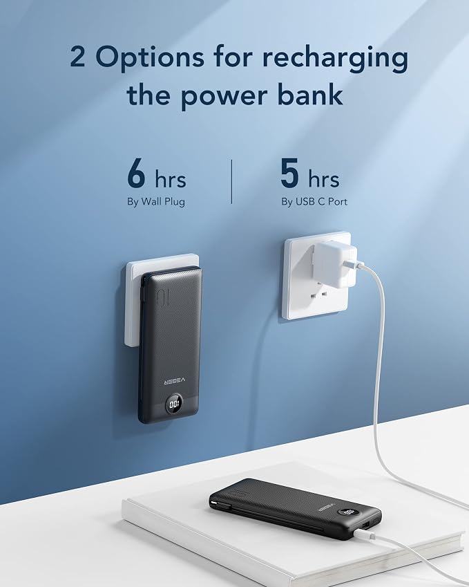 VEGER Portable Charger with Built-in AC Plug and Cables, All in One 10000mAh Ultra Slim Power Bank Travel Essentials, Fast Charging Battery Pack Compatible with iPhone, Samsung, Android (Black) - Image 5