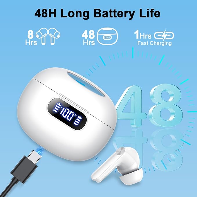 Wekily Wireless Earbuds, Bluetooth 5.3 Headphones LED Power Display, 2025 New Wireless Earphones, 4 ENC Noise Cancelling Mic, HiFi Stereo, 48H Playtime Mini Case IP7 Waterproof for Work & Play - Image 3