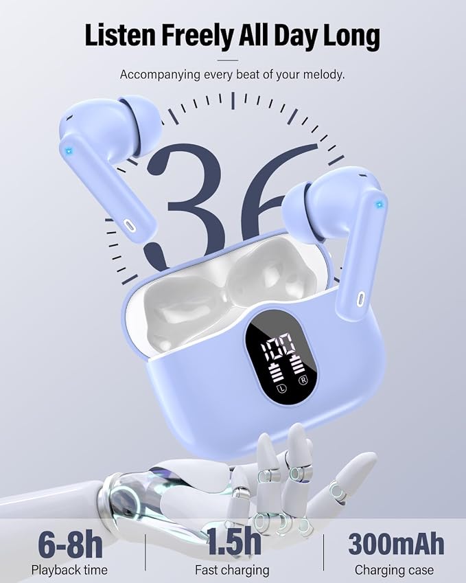 Wireless Earbuds, Bluetooth 5.4 Headphones Bass Stereo/Clear Call,Pale Blue | Ear Buds with Noise Cancelling Mic LED Display in Ear Earphones IP7 Waterproof 36H Bluetooth Earbuds for Phones/Sport/Laptop - Image 7