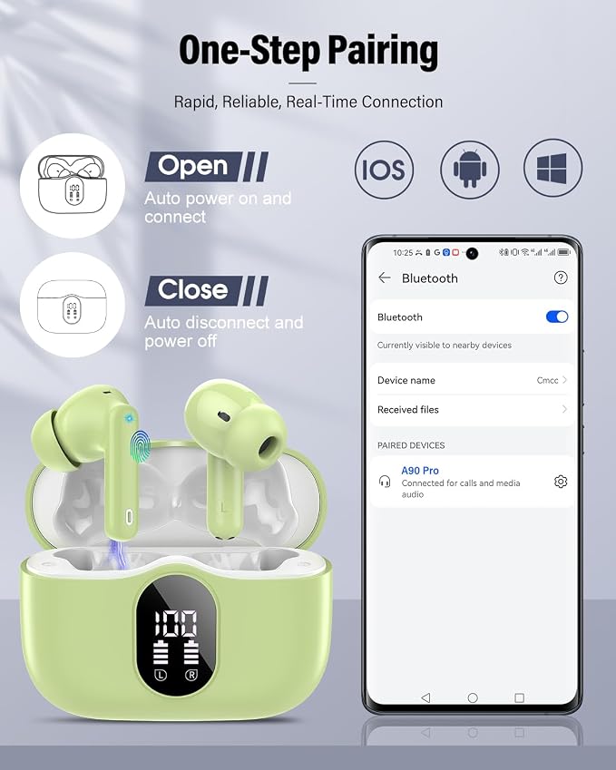 Wireless Earbuds, 2026 Bluetooth 5.4 Headphones Bass Stereo, Grass Green | Ear Buds with Noise Cancelling Mic LED Display in Ear Earphones IP7 Waterproof 36H Bluetooth Earbuds for Phones/Sport/Laptop - Image 5
