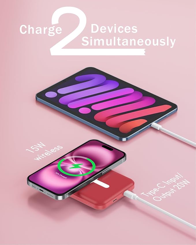 podoru for Magsafe Battery Pack, 5000mAh Magnetic Power Bank with Type-C Cable 20W PD Fast Charging Lighting Input Wireless Portable Charger for iPhone 17/16/15/14/13/12/ All Series-Red - Image 6