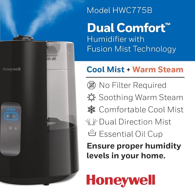 Honeywell Dual Comfort Cool + Warm Mist humidifier. Humidifier for Bedroom, Office, Living Room and Home. Provides Temporary Relief from Dry air discomforts - Black, HWC775B - Image 9