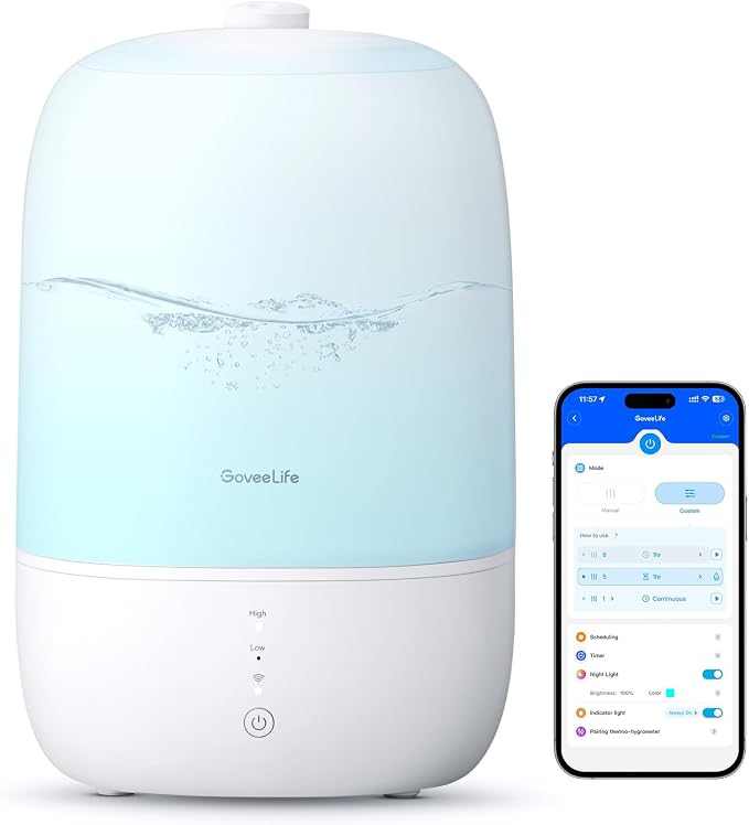 GoveeLife Smart Humidifiers for Bedroom, 3L Top Fill Cool Mist Humidifiers with Essential Oil Diffuser, Humidity Control, WiFi Air Humidifier with Night Light, for Baby, Plants, Home, Work with Alexa by GoveeLife