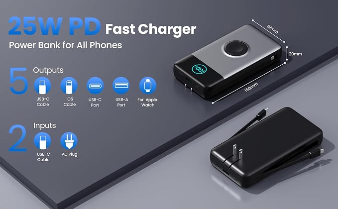 Portable Charger for iPhone with Built-in Cables and AC Wall Plug,Upgraded 40800mah Fast Charging USB C Power Bank,25W PD Travel Essentials Battery Pack for iPhone 17/16/15/14/13,Galaxy,Apple Watch - Image 6