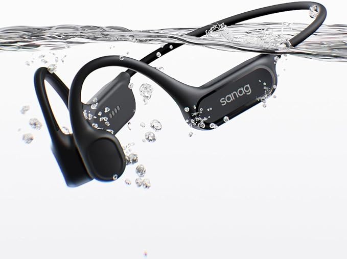 Sanag Swimming Bone Conduction Headphones Earbuds IPX8 Waterproof Underwater 8H Playtime Wireless Bluetooth Earphones with 32GB MP3 for Running Cycling Sport, Black by sanag