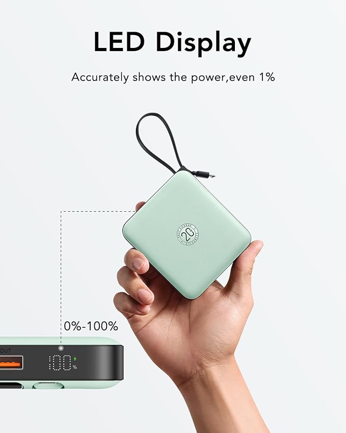 VRURC Portable Charger with Built-in Cable, 10000mAh 22.5W Fast Charging USB C Battery Pack, Cell Phone Power Bank for iPhone 17 16 15 Series Android Tablet (Green) - Image 6