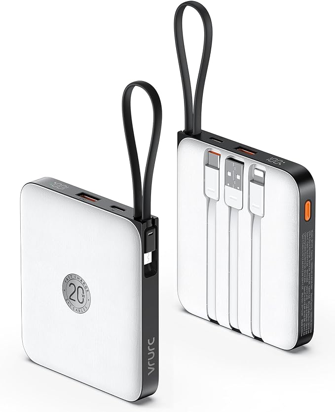 VRURC Battery Pack Charger Portable 10000mAh, 22.5W Power Bank Fast Charging with Built-in Cable, Cell Phone Power Bank for iPhone 17 16 15 & Early Series (White) by Home