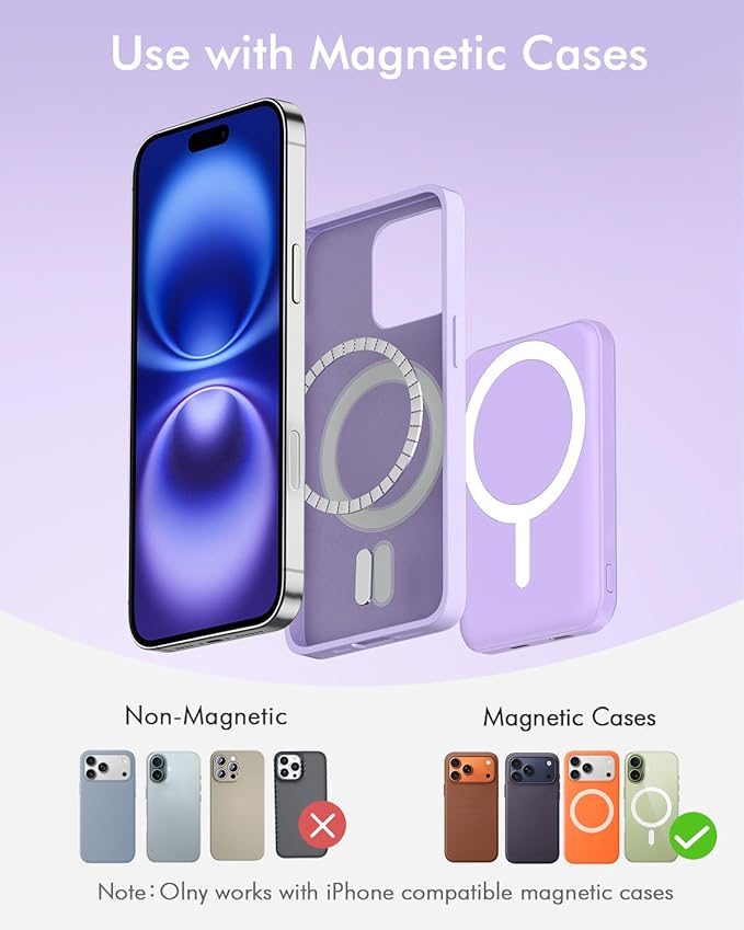 podoru for Magsafe Battery Pack, 5000mAh Magnetic Power Bank with Type-C Cable 20W PD Fast Charging Lighting Input Wireless Portable Charger for iPhone iPhone 17/16/15/14/13/12/ All Series-Purple - Image 2