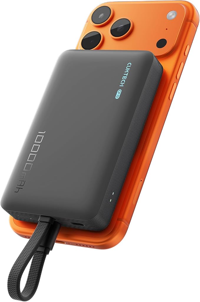 CUKTECH Magnetic Power Bank, 10000mAh Portable Charger, 20W Fast Charging & 7.5W Wireless, Built-in USB-C Cable, Battery Pack for iPhone 15/16/17 Series, Samsung, for Travel, Work & Daily Use by CUKTECH