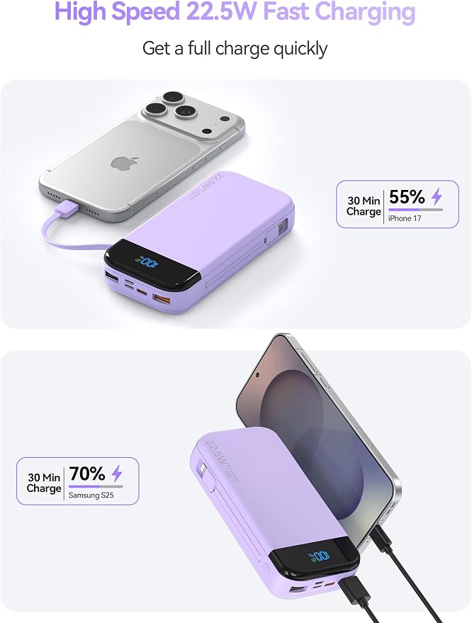 Portable Charger Power Bank Built-in Cables, 32000mAh 22.5W USB C Fast Charging, 5 Outputs 3 Inputs Travel Essentials Battery Pack Compatible with iPhone, iPad, Samsung, Google Pixel, Purple - Image 2
