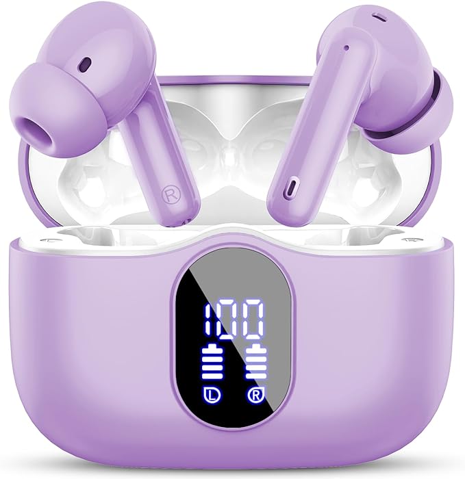 Wireless Earbuds, Bluetooth 5.4 Headphones Bass Stereo/Clear Calls, Purple | Ear Buds with Noise Cancelling Mic LED Display in Ear Earphones IP7 Waterproof 36H Bluetooth Earbuds for Phones/Sport/Laptop by Btootos