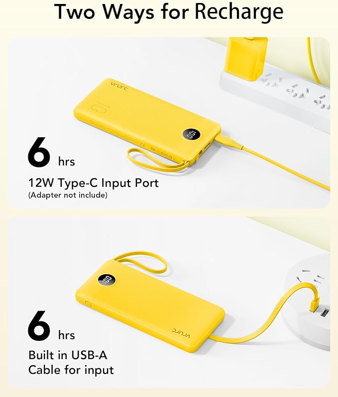 VRURC Portable Charger with Built-in Cables, 10000mAh LED Display USB C Power Bank, Slim Travel Battery Pack with 5 Output 2 Input Compatible with iPhone 17 16 15 13,Samsung,Android etc-Yellow(1 Pack) - Image 6