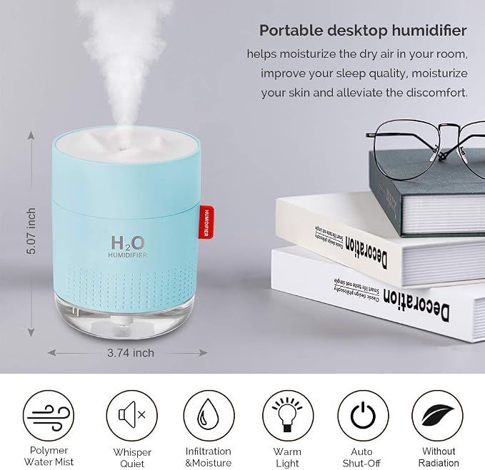 Portable Mini Cool Mist Humidifier, 500ml USB Personal Desktop Humidifier for Baby Bedroom Travel Office Home, Auto Shut-Off, 2 Mist Modes, Super Quiet, Blue - Image 2