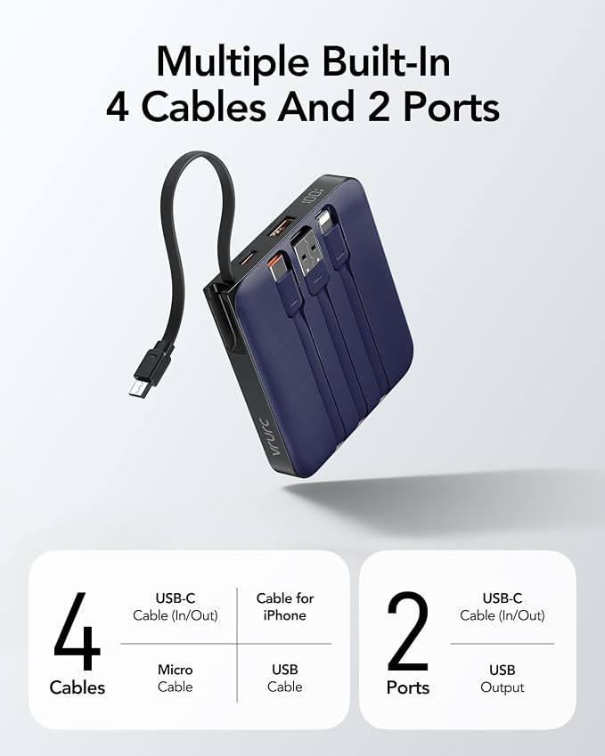 VRURC 10000mAh Portable Charger for iPhone with Built-in Cables, 22.5W Fast Charging Power Bank with LED Display, Battery Pack USB C for iPhone 17 Pro Max, Samsung S26, Travel Essentials (Royal Blue) - Image 4